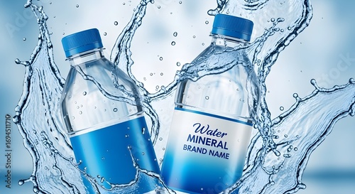 Foto Two refreshing bottles of mineral water splashing with clear water droplets