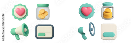 3D icon set for social media marketing and finance with heart badge, coin jar, megaphone, and toggle switch for UI design