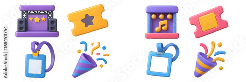 3D event and entertainment icon set with concert stage, music festival ticket, backstage pass badge, and party popper confetti
