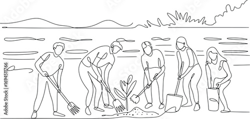 People planting a sapling outdoors in a rural landscape line drawing art