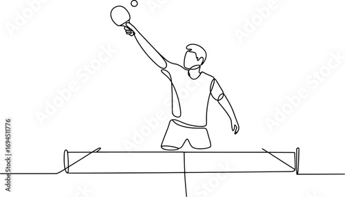 Dynamic ping pong player serves ball in simple line art style sport action