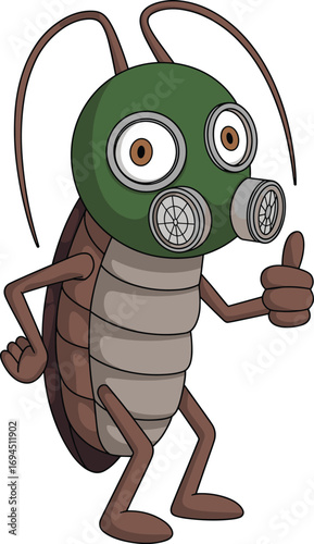 Cartoon cockroach character, gas mask insect, funny bug illustration, vector pest art, survival theme, anthropomorphic roach, toxic environment concept