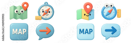 3D cute navigation and map icon set with compass, location pin, and direction arrow for user interface and web design