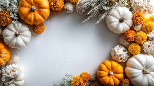 Beautiful autumn arrangement of white and orange pumpkins with dried flowers and decorative elements for seasonal decor