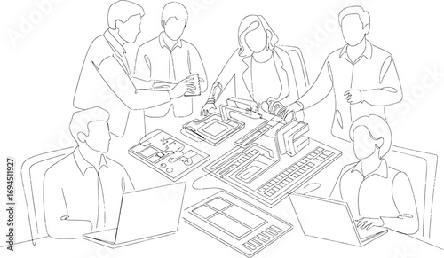 Diverse group collaborates around a table with papers and sketches creating a plan