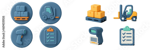 3D logistics and warehouse icon set with forklift, pallet with boxes, barcode scanner, and checklist for delivery and inventory management