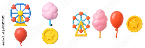 Amusement park and carnival elements with a Ferris wheel, pink cotton candy, red balloon, and a gold star coin for funfair entertainment concepts