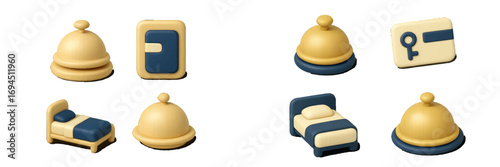 Hotel and travel symbols for booking and accommodation services featuring a reception bell, comfortable bed, and electronic key card access