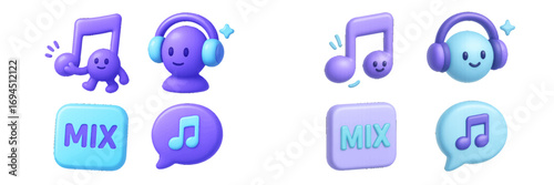 Cheerful music and audio themed icons with cute characters, headphones, sound symbols, and mixing elements for modern digital design