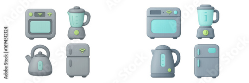 Modern smart home kitchen appliances set with wireless connectivity symbols and minimalist design on a clean white background