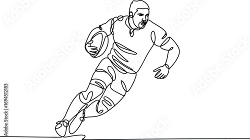Dynamic continuous line drawing of a rugby player in action athleticism sport