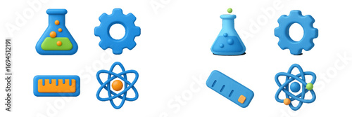 3D science and education icon set with chemical flask, gear, atom symbol, and ruler in a modern minimalist plasticine style isolated on a white background