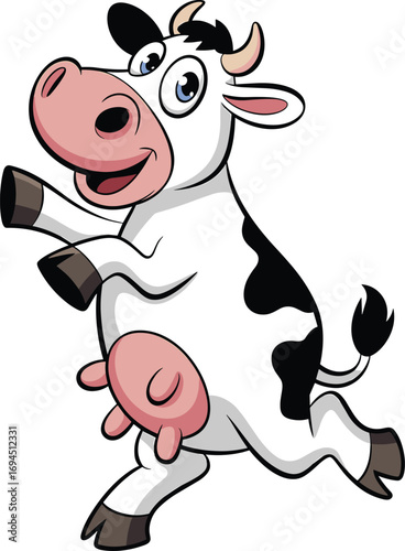 Cartoon cow, happy farm animal, vector illustration, jumping cow character, black and white design, kids artwork, stock image, playful bovine