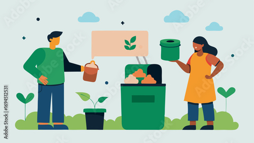 Garden Compost Station An easyaccess compost bin illustrated with community members adding scraps promoting sustainable practices within the garden with clear informative signage.