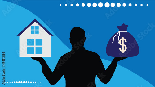 Silhouette of Man Holding Money Bag and House in Hands. Real estate business, selling or buying home, housing costs vector art