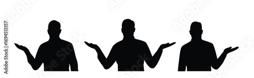Silhouette of Business Man Spreading Hands as if Holding Something. Throwing up hands to show announcement or product