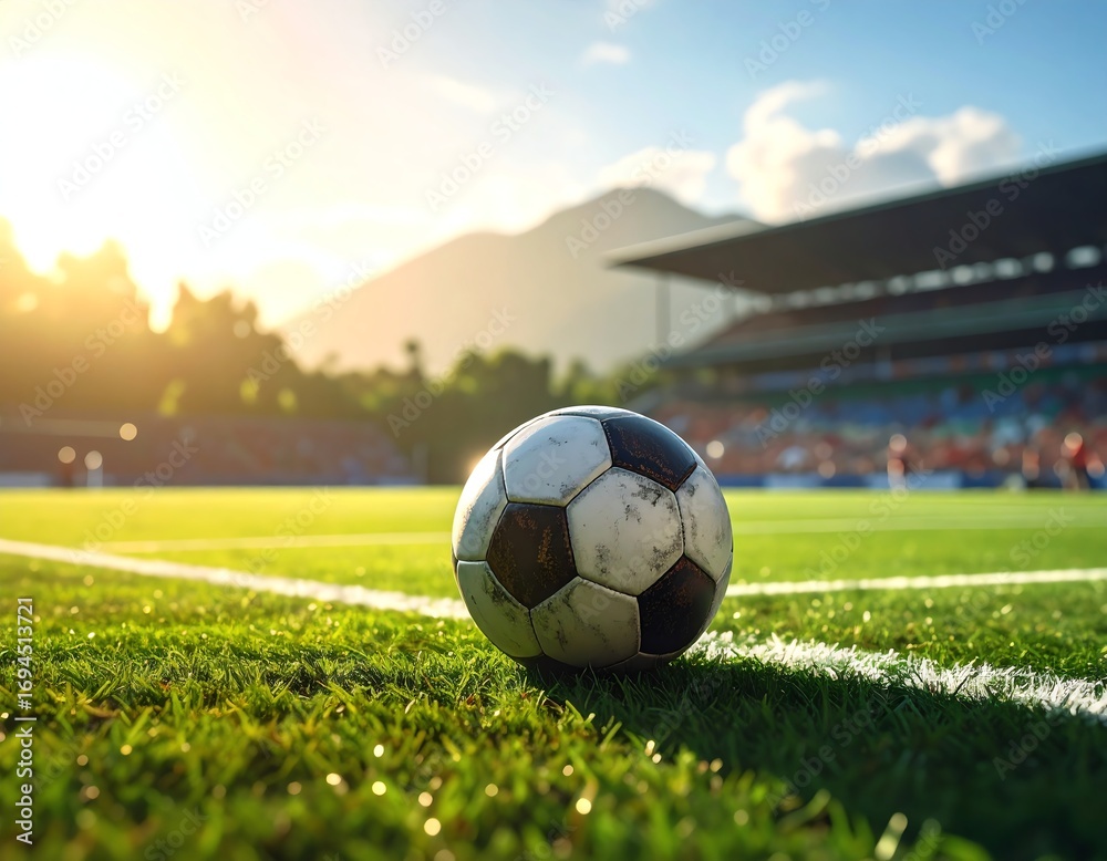 Fototapeta premium Focused soccer ball on a sunlit field.