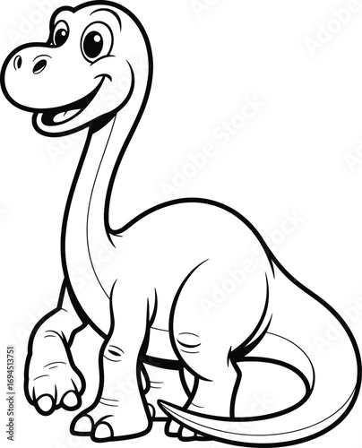 Cartoon dinosaur, vector line art, black and white, kids coloring page, friendly sauropod, smiling animal, educational drawing, prehistoric creature, children illustration, outline sketch
