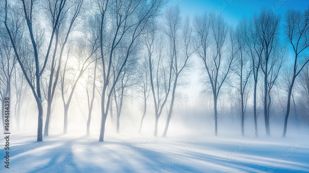 Obraz premium A serene winter forest landscape with misty blue tones, evoking a peaceful and dreamy atmosphere.