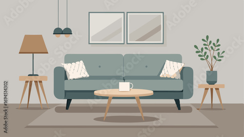 A living room with a neutral color palette featuring a plush gray sofa a wooden coffee table with hairpin legs and a metal wall art piece.