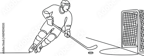 Dynamic hockey player skating with puck near net in minimalist line art style