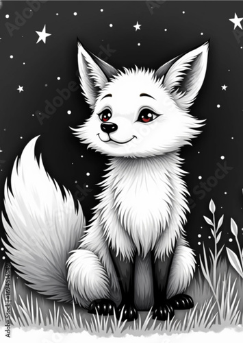 Charming Fox Under The Stars: A whimsical cartoon fox, with its pure white fur and sparkling eyes, sits serenely amidst a starry night, embodying innocence and magic.