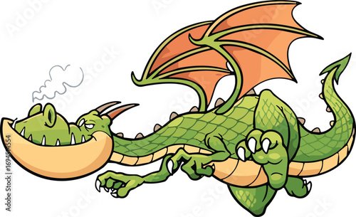 Cartoon dragon, green creature, flying beast, whimsical character, fantasy illustration, smoke, wings, vector graphic, playful, friendly, mythical animal, cute monster