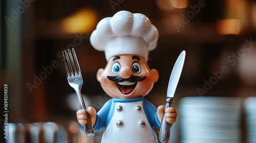 A chef figurine holding a fork and knife with a happy expression on face