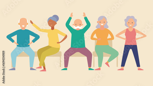 Fitness Class Seniors participating in a gentle exercise class such as chair yoga or tai chi guided by an instructor emphasizing wellbeing and mobility.