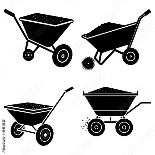 Four black and white illustrations of wheelbarrows filled with soil or other materials on a white background