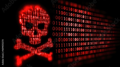 A digital representation of cyber threats, featuring a skull symbol amidst binary code, highlighting the dangers of malicious software and online security breaches.