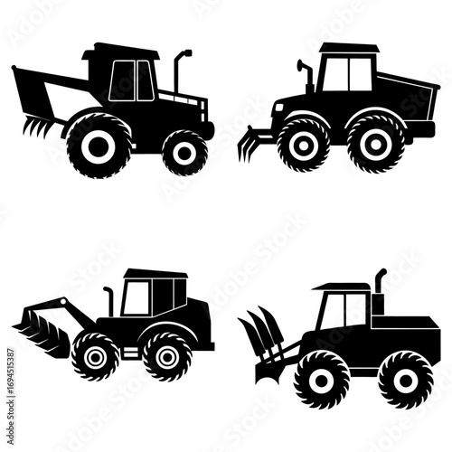 Four black silhouette construction vehicles including a tractor and excavator on a white background image
