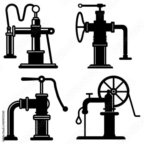 Illustration of four vintage water pumps with handles and wheels in black and white silhouette style