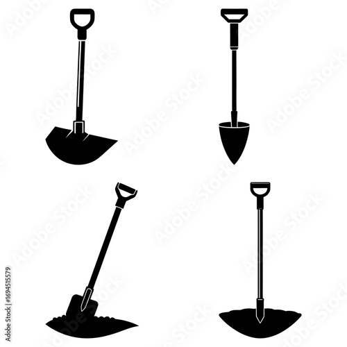 Illustration showcasing four different shovel designs in black silhouette against a white background space