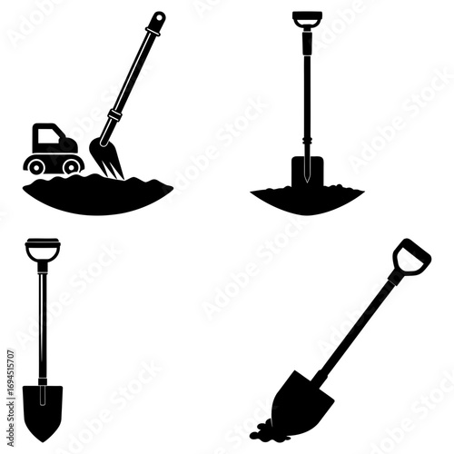 Silhouette illustration showing a toy truck and various shovels in different positions on a white background