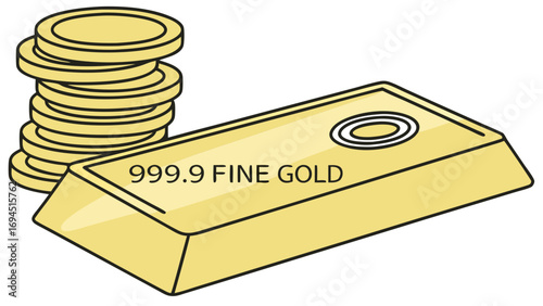 A stack of gold coins next to a shiny gold bar stamped with 999 9 fine gold