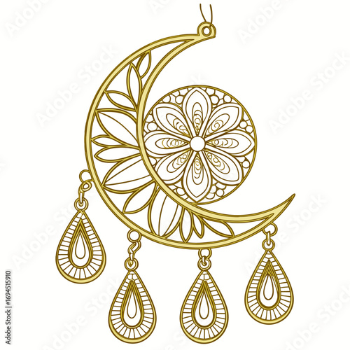 Elegant golden crescent moon ornament with intricate flower design and dangling teardrop charms