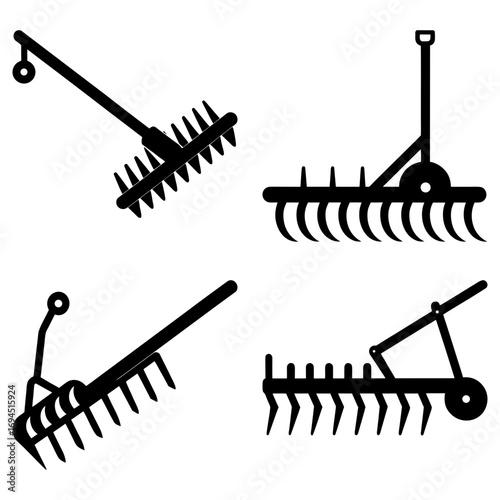 Illustration showing four different types of agricultural tillers in a black and white design