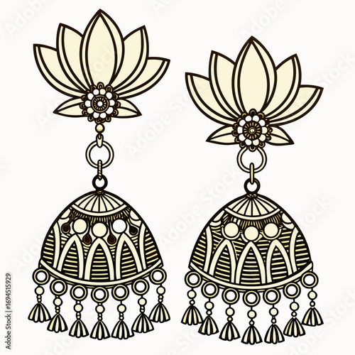 Elegant indian jhumka earrings adorned with lotus flowers and intricate traditional patterns in gold tones