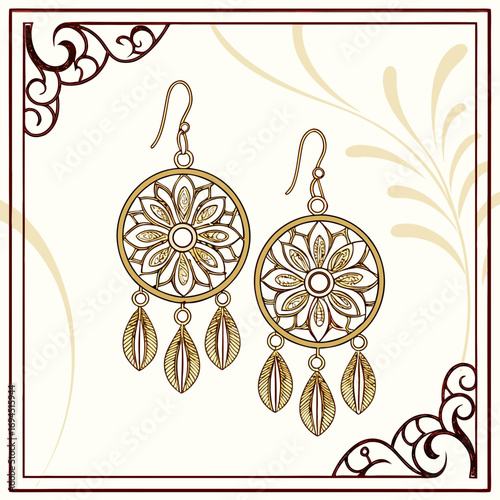 Elegant golden dreamcatcher earrings with feather charms and intricate floral design