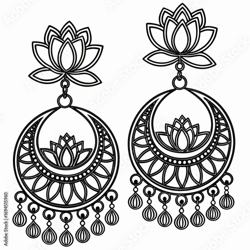 Elegant outline illustration of traditional indian lotus flower dangle earrings on a white background