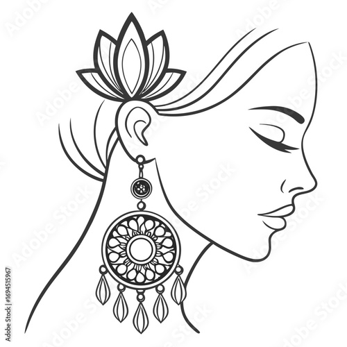 Elegant woman profile with lotus flower hair ornament and intricate mandala style earring