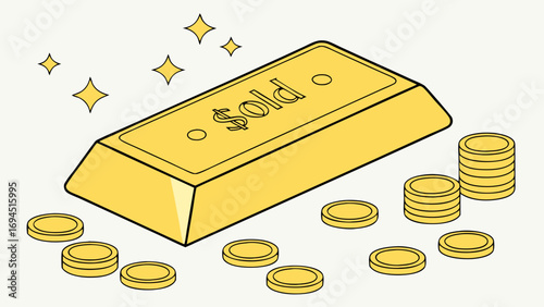 Golden bar with the word sold and scattered coins symbolizing wealth and successful transactions
