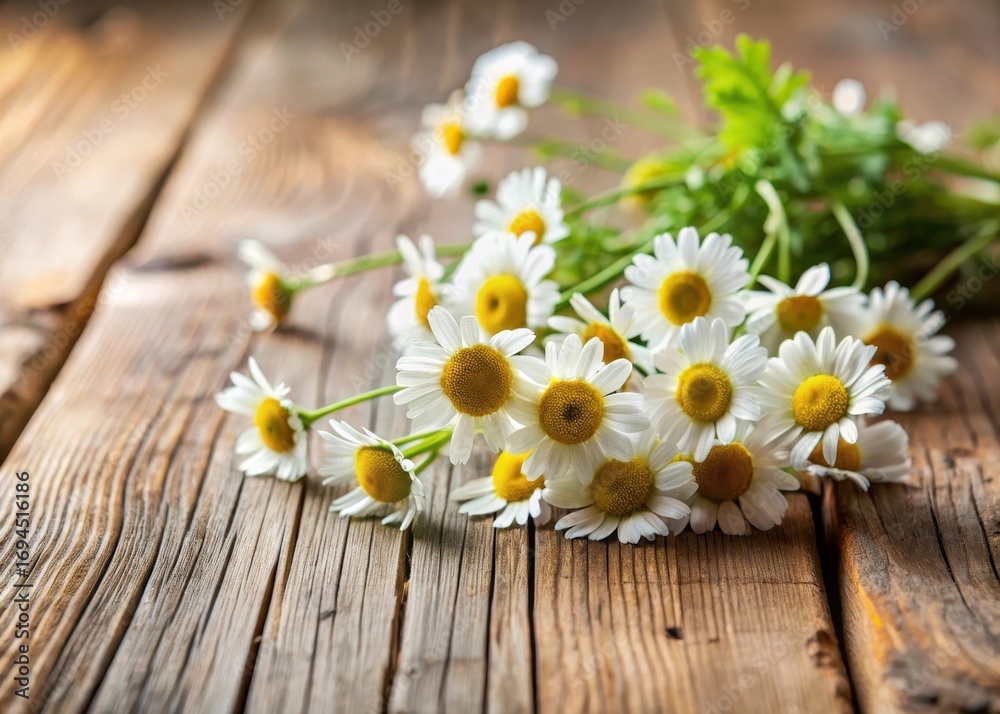 Obraz premium Gentle Delicate Chamomile Flowers on Wooden Table