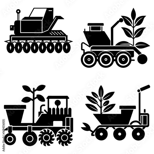 Four different agricultural robot designs with plants in black and white illustration style