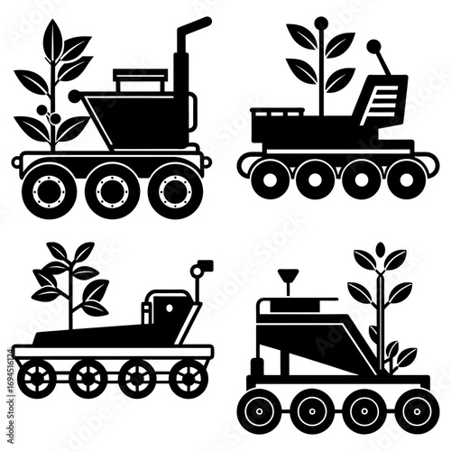 Four black and white illustrations of plant carrying rovers with various designs and wheel configurations