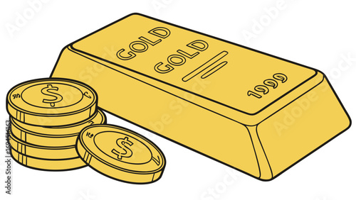 Golden treasure of gold bullion bar and stack of dollar coins symbolizing wealth and financial success