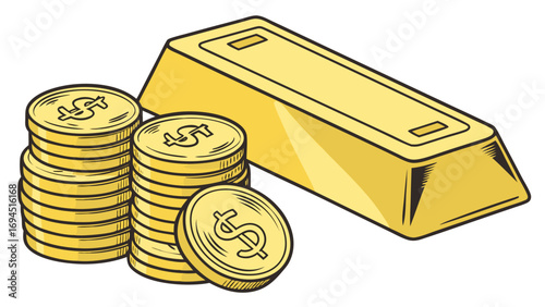 Golden treasure of a shiny gold bar and stacks of coins with dollar signs symbolizing wealth and riches