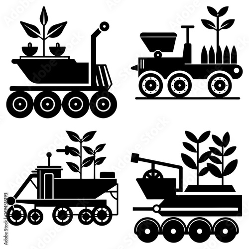 Four black and white illustrations of rover vehicles carrying plants in a square format design layout