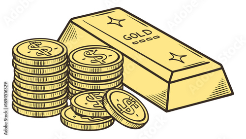 Illustration of a gold bar and stacks of gold coins with dollar signs on a white background
